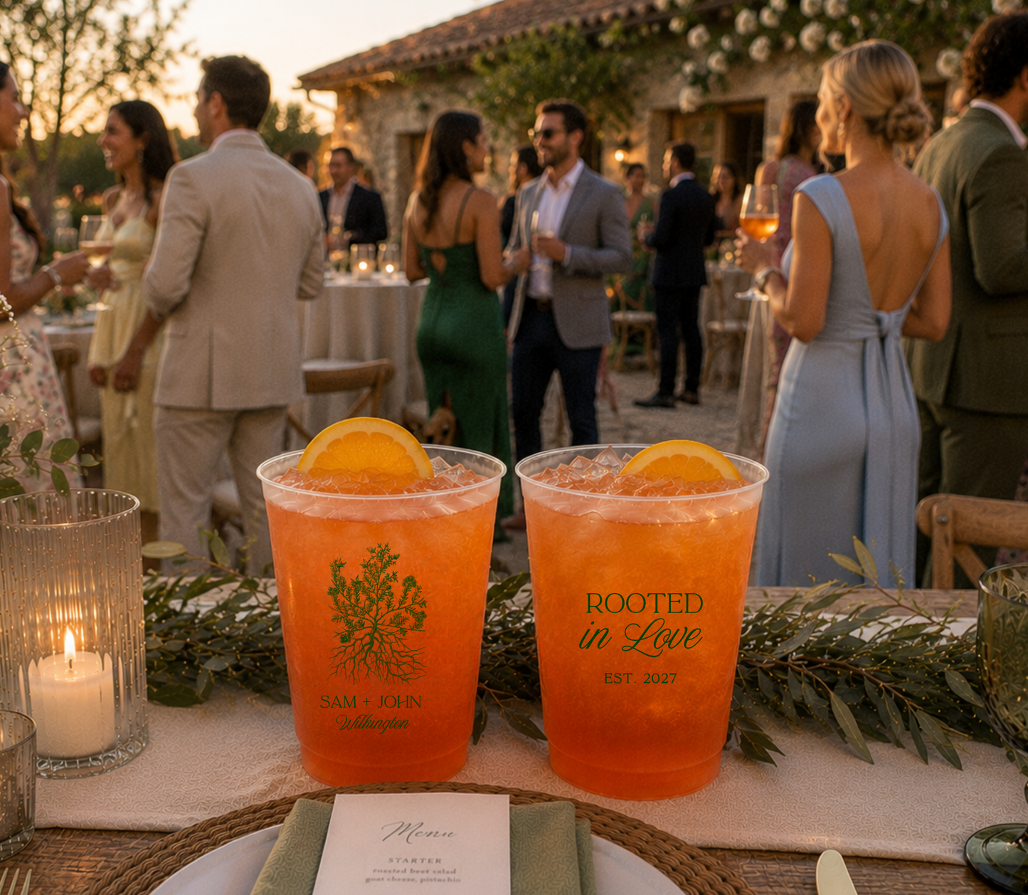 
Personalized Rooted In Love frosted wedding cup with botanical roots illustration.

