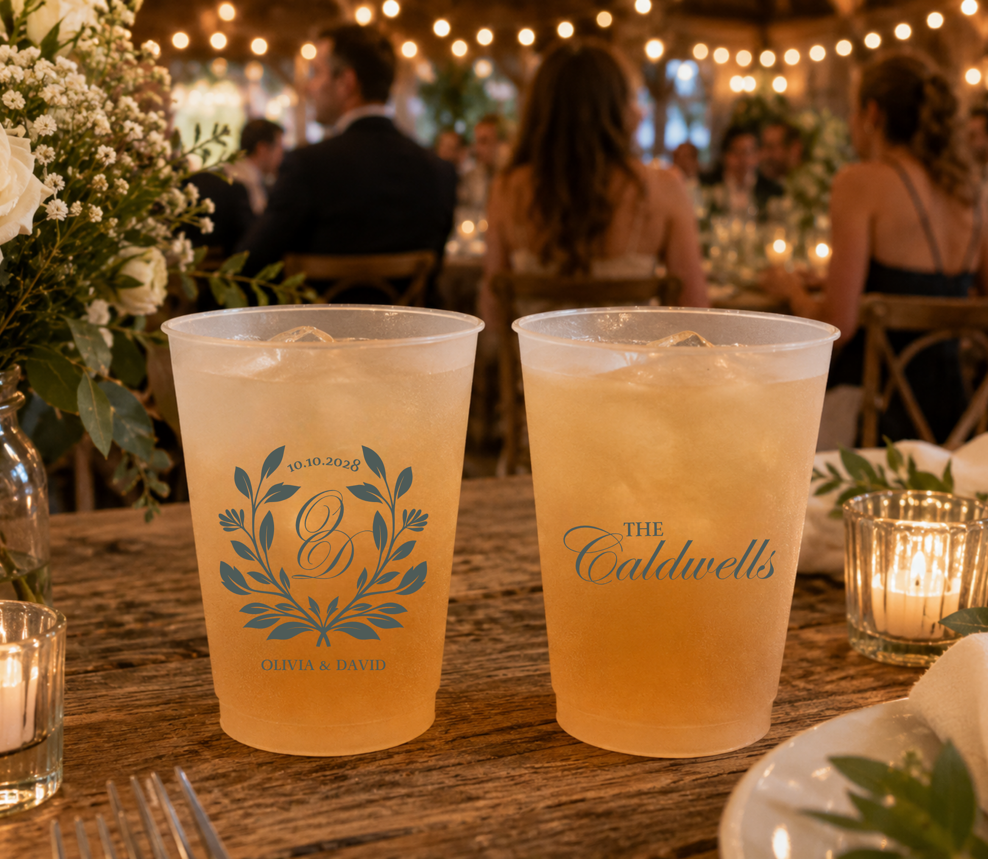 
Personalized frosted wedding cup featuring a botanical monogram wreath and custom family name.
