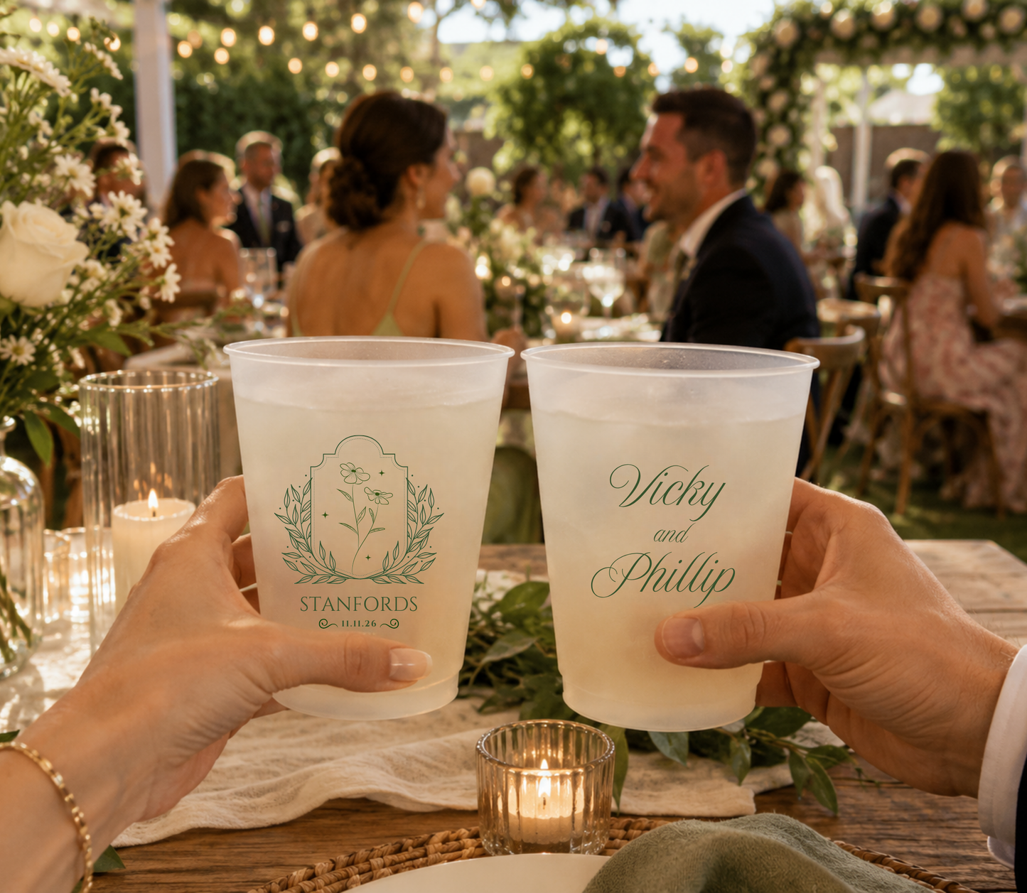 
Personalized wildflower wedding cup featuring botanical floral illustration and custom surname.
