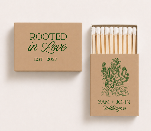 Beige personalized Rooted in Love wedding matchboxes featuring botanical root artwork, custom couple names Sam and John, Wilkington family surname, and established year.

Beige personalized Rooted in Love wedding matchboxes featuring botanical root artwork, custom couple names Sam and John, Wilkington family surname, and established year.

Elegant beige Rooted in Love wedding matchbox featuring botanical root illustration.