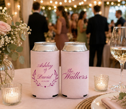 Personalized pink wedding can koozies.
