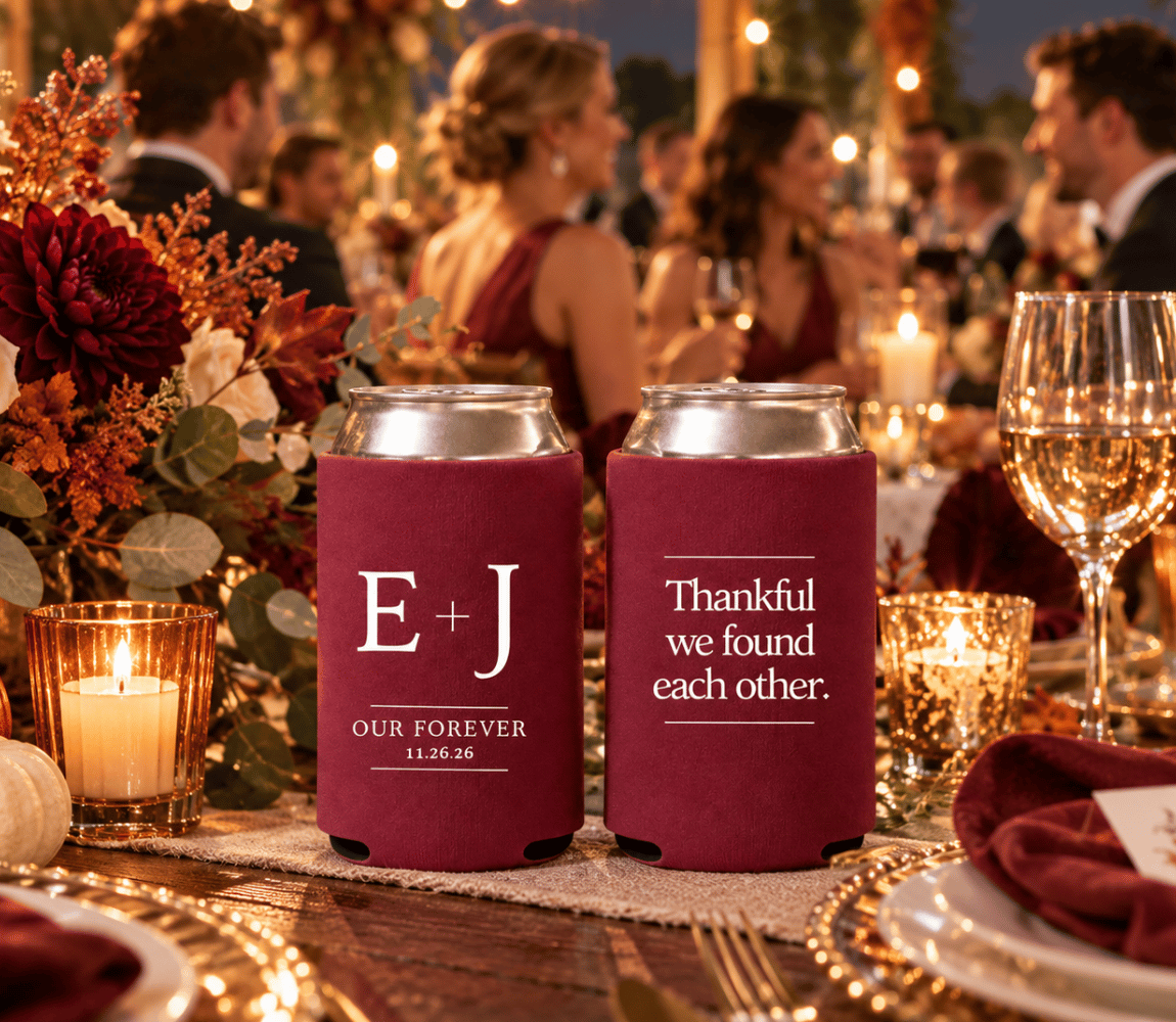 Personalized fall wedding can coolers with “Thankful we found each other” wording and custom wedding details.