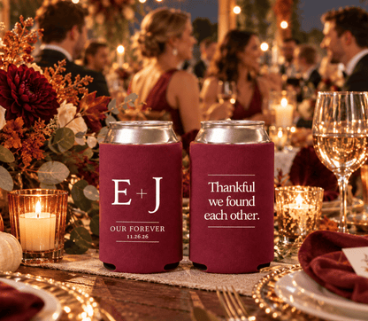Personalized fall wedding can coolers with “Thankful we found each other” wording and custom wedding details.