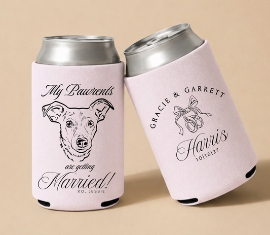 Cute dog wedding can cooler with portrait
Personalized dog announcement wedding favor
Custom pet can cooler playful design
Dog themed wedding drink holder