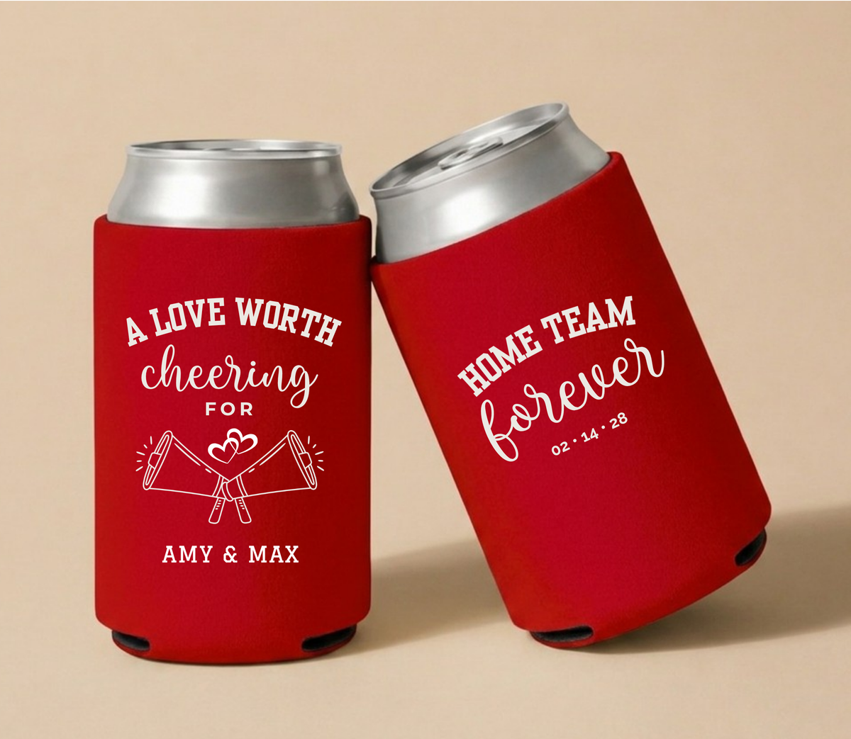Personalized A Love Worth Cheering For wedding can coolers featuring megaphone artwork, custom couple names, and wedding date.