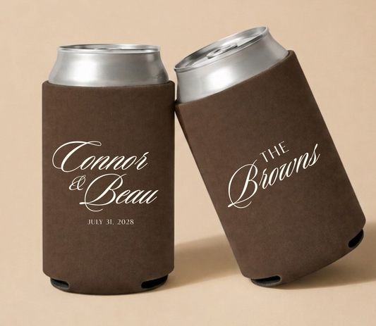 Personalized chocolate brown wedding can coolers featuring Connor and Beau in elegant ivory script with July 31, 2028 wedding date and The Browns family name.
