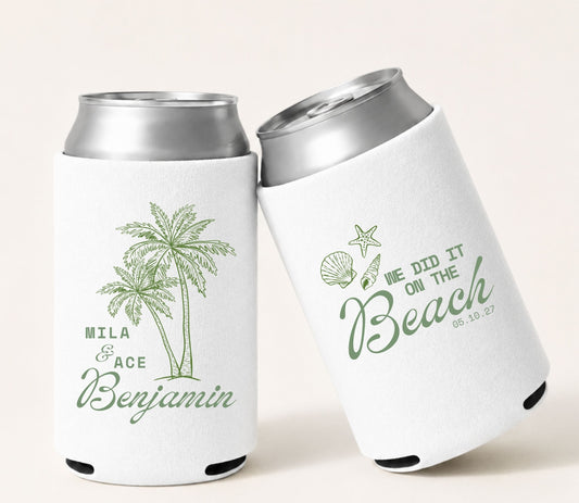 Personalized beach wedding can cooler featuring tropical palm trees and custom wedding names.
Custom coastal wedding beer can sleeve with palm tree artwork and wedding date.
Beach wedding favor can cooler featuring tropical graphics and personalized couple names.
Premium foam beach wedding can cooler with palm tree illustration and custom wedding details.
