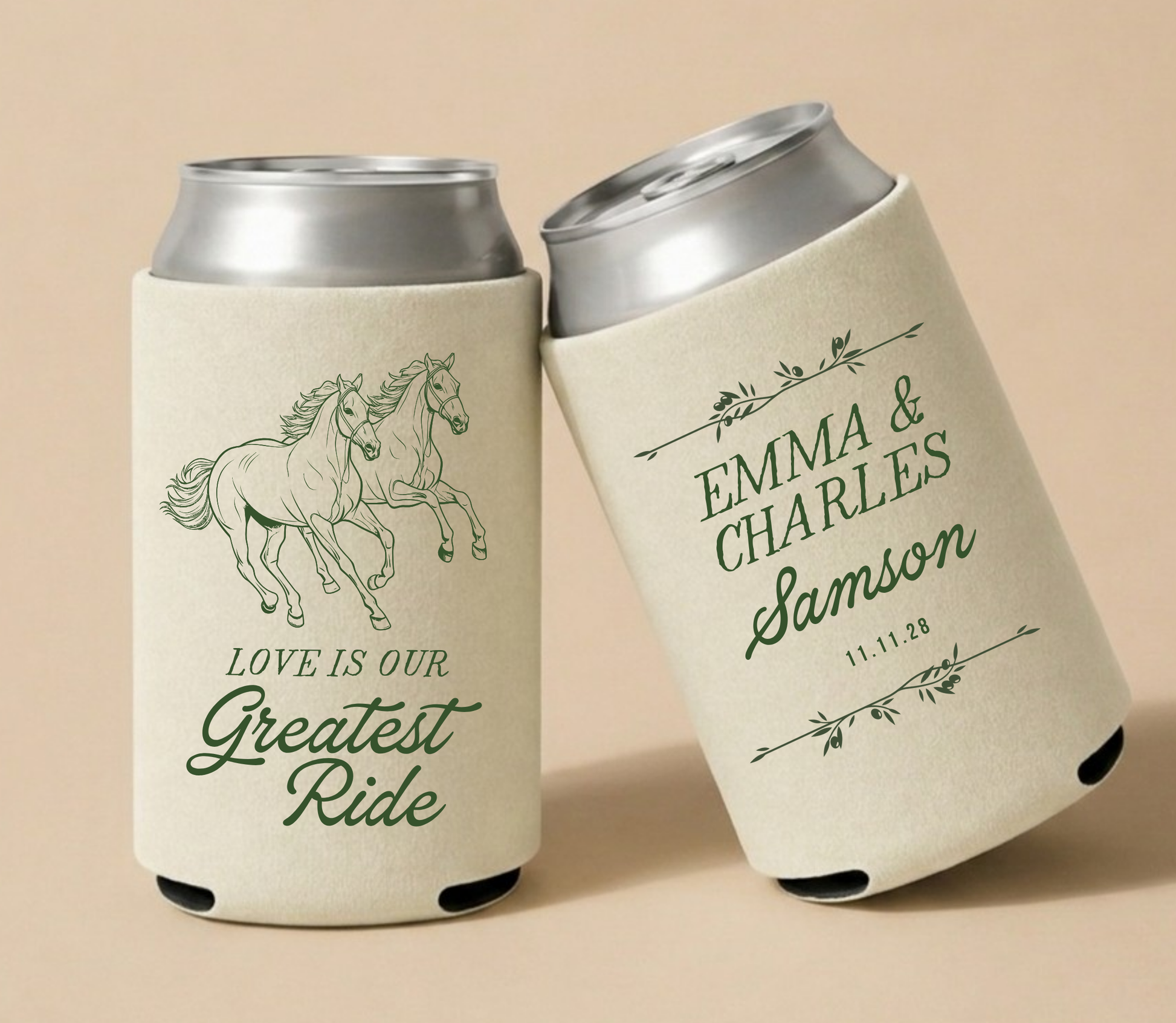 Cream personalized western wedding can coolers featuring running horse artwork, custom couple names Emma and Charles, family surname Samson, and wedding date.
