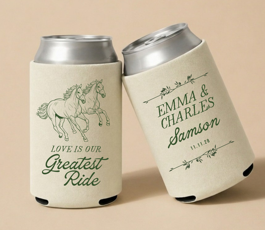 Cream personalized western wedding can coolers featuring running horse artwork, custom couple names Emma and Charles, family surname Samson, and wedding date.