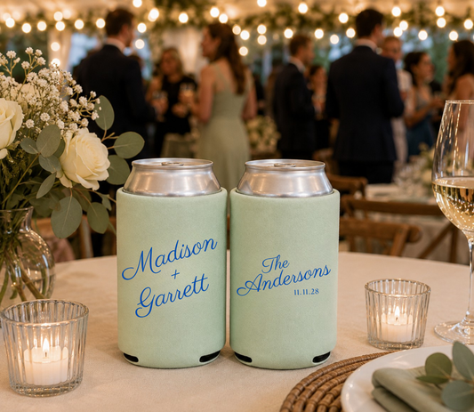 Sage green and blue personalized wedding can coolers.