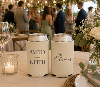 Personalized minimalist wedding can koozies.