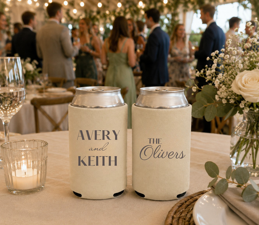 Personalized minimalist wedding can koozies.