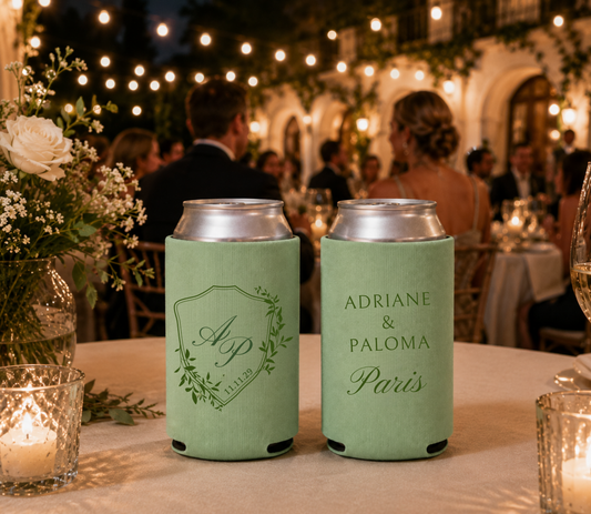 
Custom crest wedding can cooler with elegant greenery, personalized names, and wedding date.
Custom crest wedding can cooler with elegant greenery, personalized names, and wedding date.