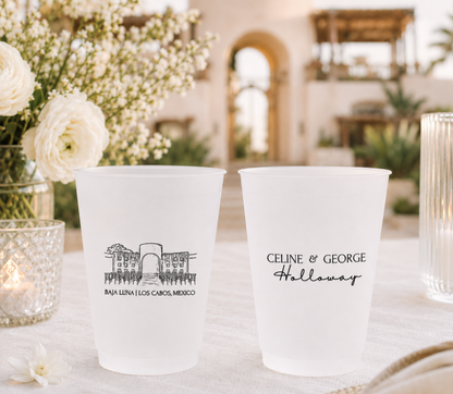Custom Baja Luna wedding frosted cups with personalized names and venue sketch artwork