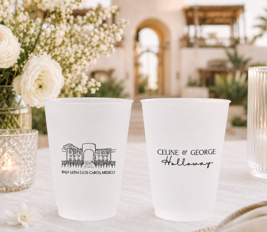 Custom Baja Luna wedding frosted cups with personalized names and venue sketch artwork