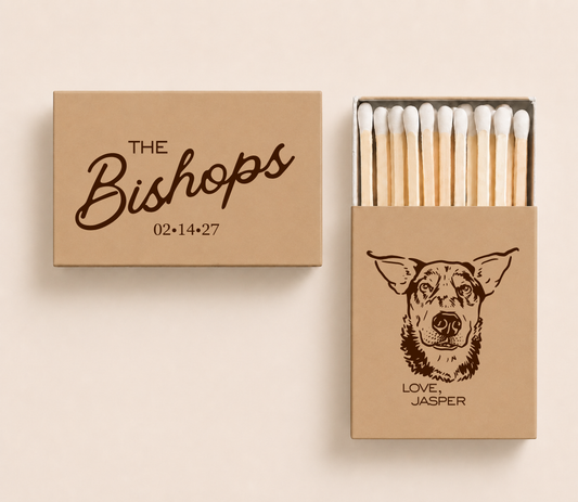 Personalized pet wedding matchboxes featuring a custom dog portrait, family name, wedding date, and personalized pet message.