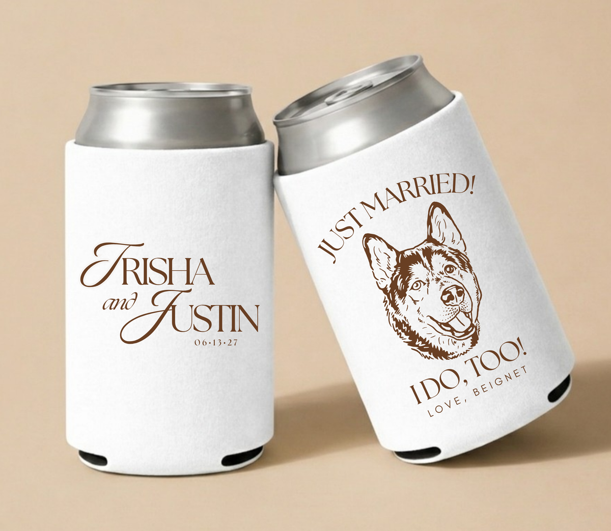 Custom dog wedding can cooler just married design
personalized pet portrait wedding favor classic style
Dog illustration wedding drink holder romantic theme
