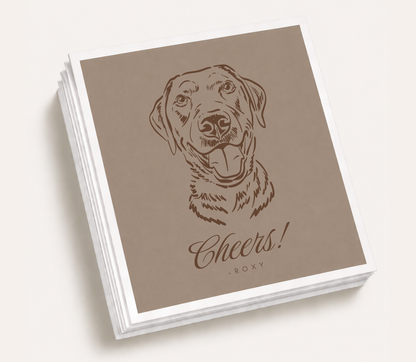 Personalized wedding cocktail napkins featuring a custom illustrated dog portrait with the pet's name for pet-friendly wedding celebrations.