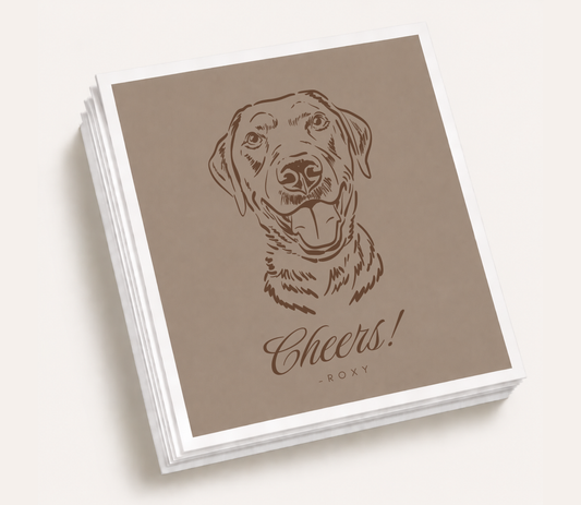 Personalized wedding cocktail napkins featuring a custom illustrated dog portrait with the pet's name for pet-friendly wedding celebrations.