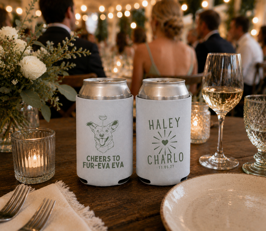 Custom dog portrait wedding can cooler featuring personalized wedding names and pet artwork.