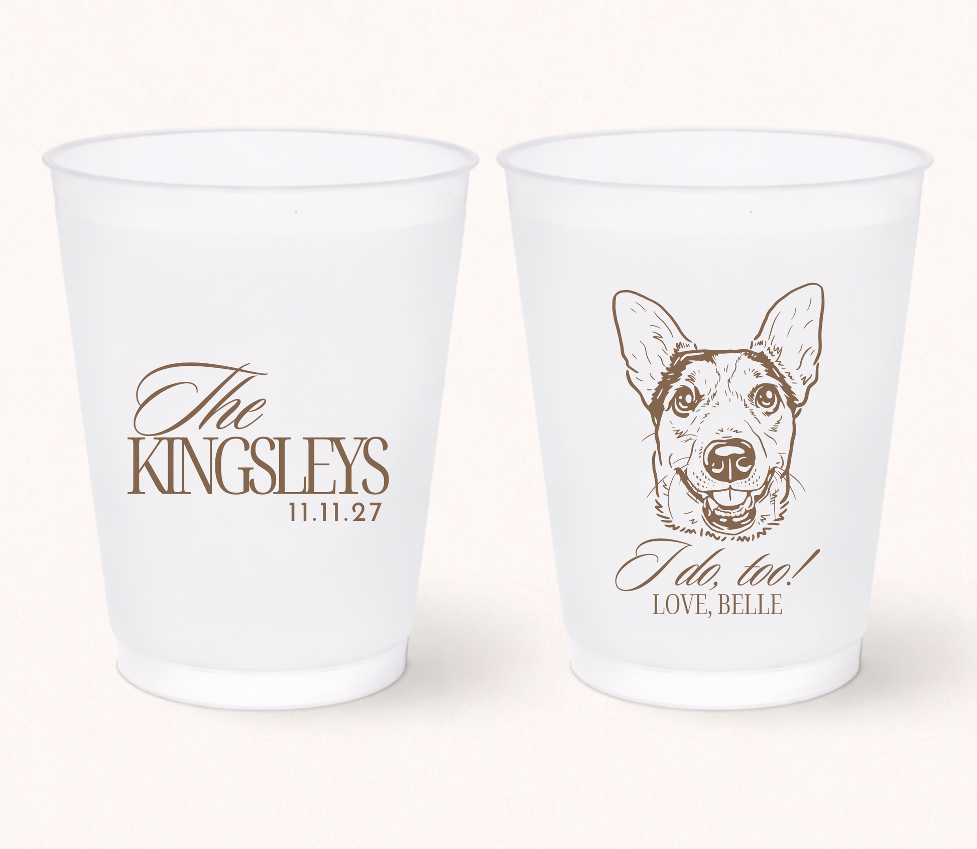 Personalized pet wedding frosted cups featuring a custom illustrated dog portrait, family name, and wedding date for pet-friendly wedding celebrations.`