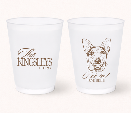 Personalized pet wedding frosted cups featuring a custom illustrated dog portrait, family name, and wedding date for pet-friendly wedding celebrations.`