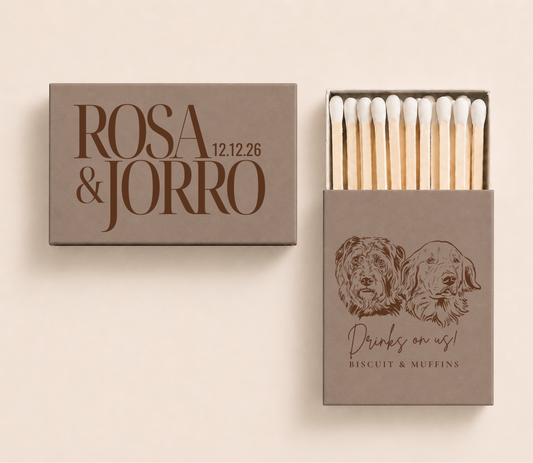 Personalized pet wedding matchboxes featuring custom dog portraits, couple names, wedding date, and "Drinks on Us!" design.