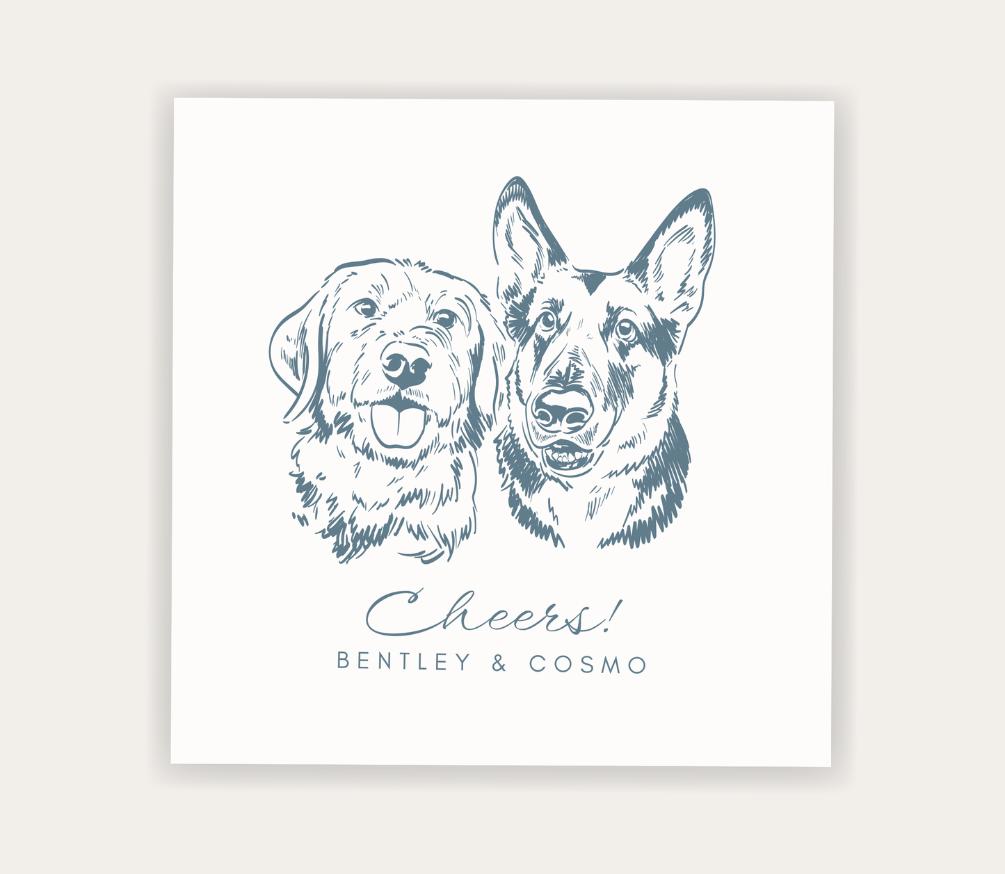 Custom pet portrait wedding napkin featuring multiple dog illustrations with Cheers wording and personalized pet names
