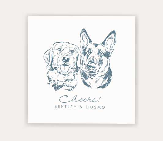 Custom pet portrait wedding napkin featuring multiple dog illustrations with Cheers wording and personalized pet names