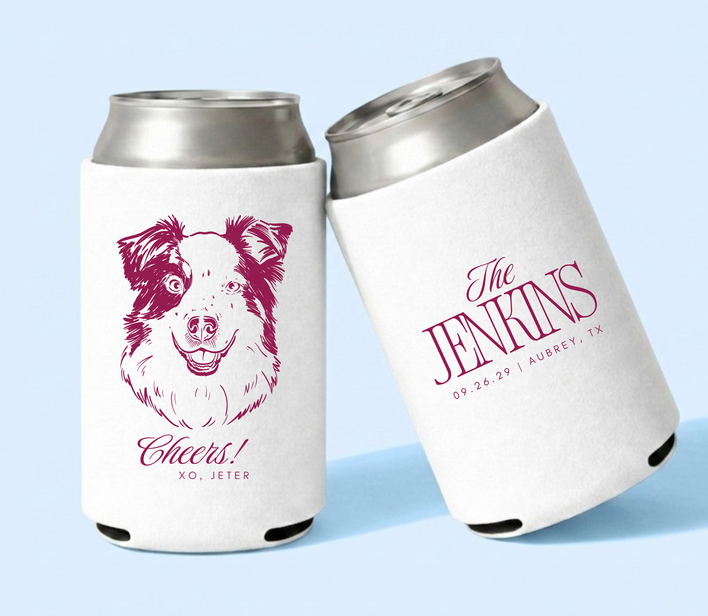 White personalized wedding can coolers featuring a custom dog portrait illustration, couple surname, wedding date, and wedding location.

Personalized pet portrait wedding can cooler featuring a custom dog illustration.

