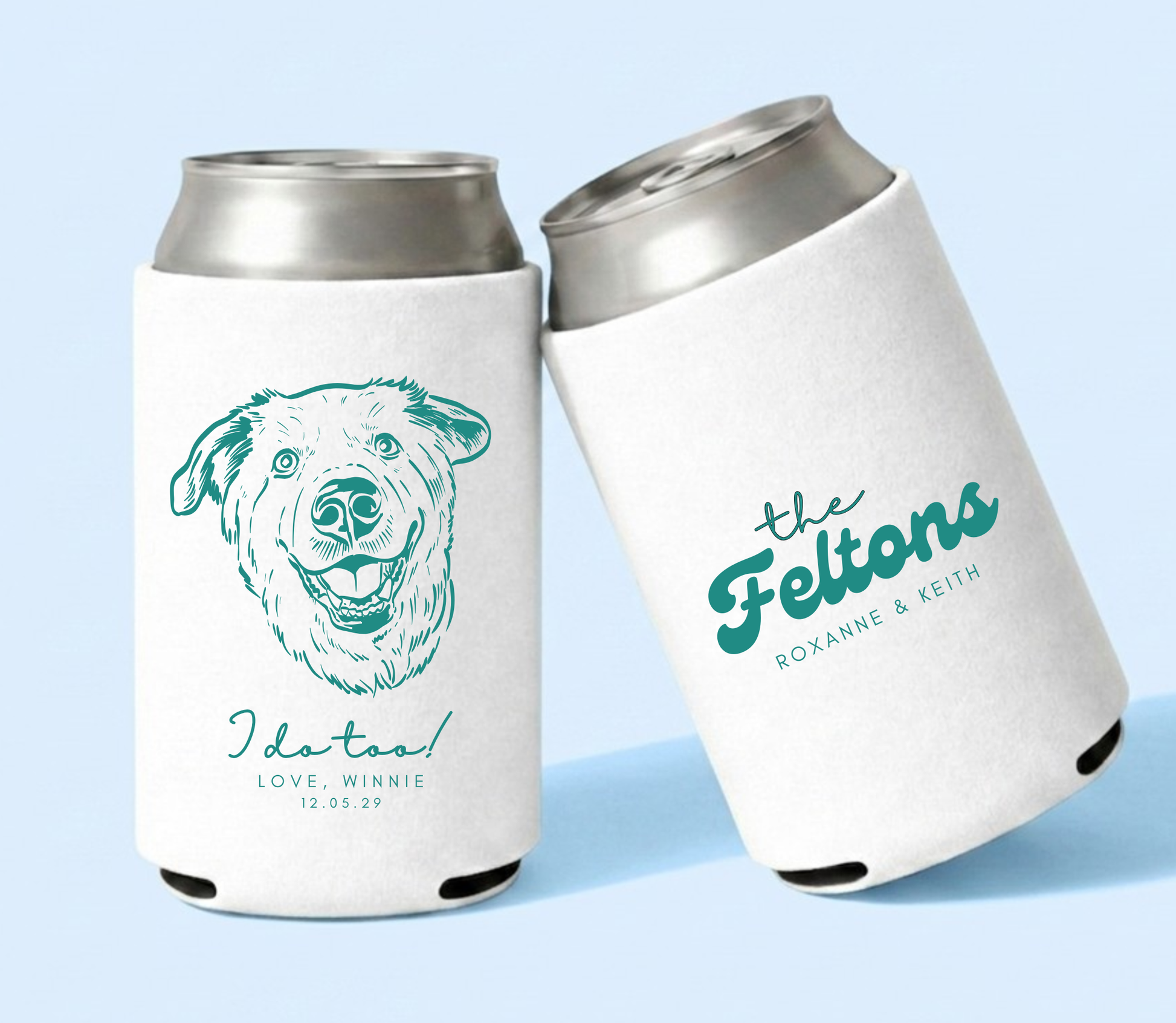 White personalized wedding can coolers featuring a custom dog portrait illustration, pet name, couple names, family surname, and wedding date.

Personalized pet portrait wedding can cooler featuring a custom dog illustration.