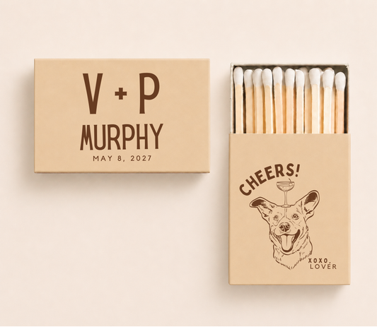 Personalized wedding matchboxes featuring a cheerful dog illustration, custom initials, family name, and wedding date for pet-friendly weddings.