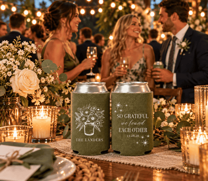 Olive green Thanksgiving wedding can coolers featuring a personalized family name, wedding date, and grateful message.