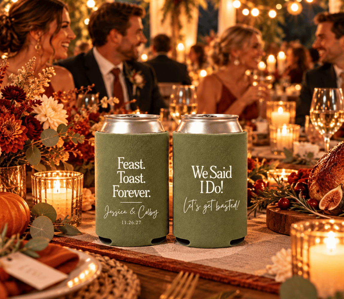 Personalized autumn wedding beverage can coolers
