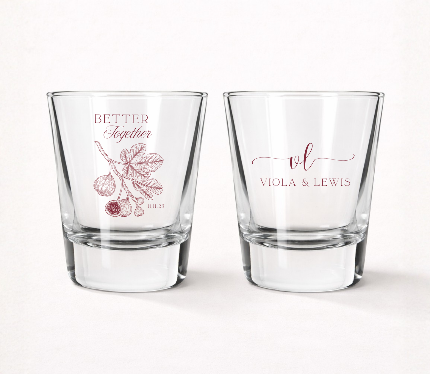 Personalized Botanical Fig wedding shot glasses featuring a custom monogram, couple names, wedding date, Better Together wording, and illustrated fig branch.