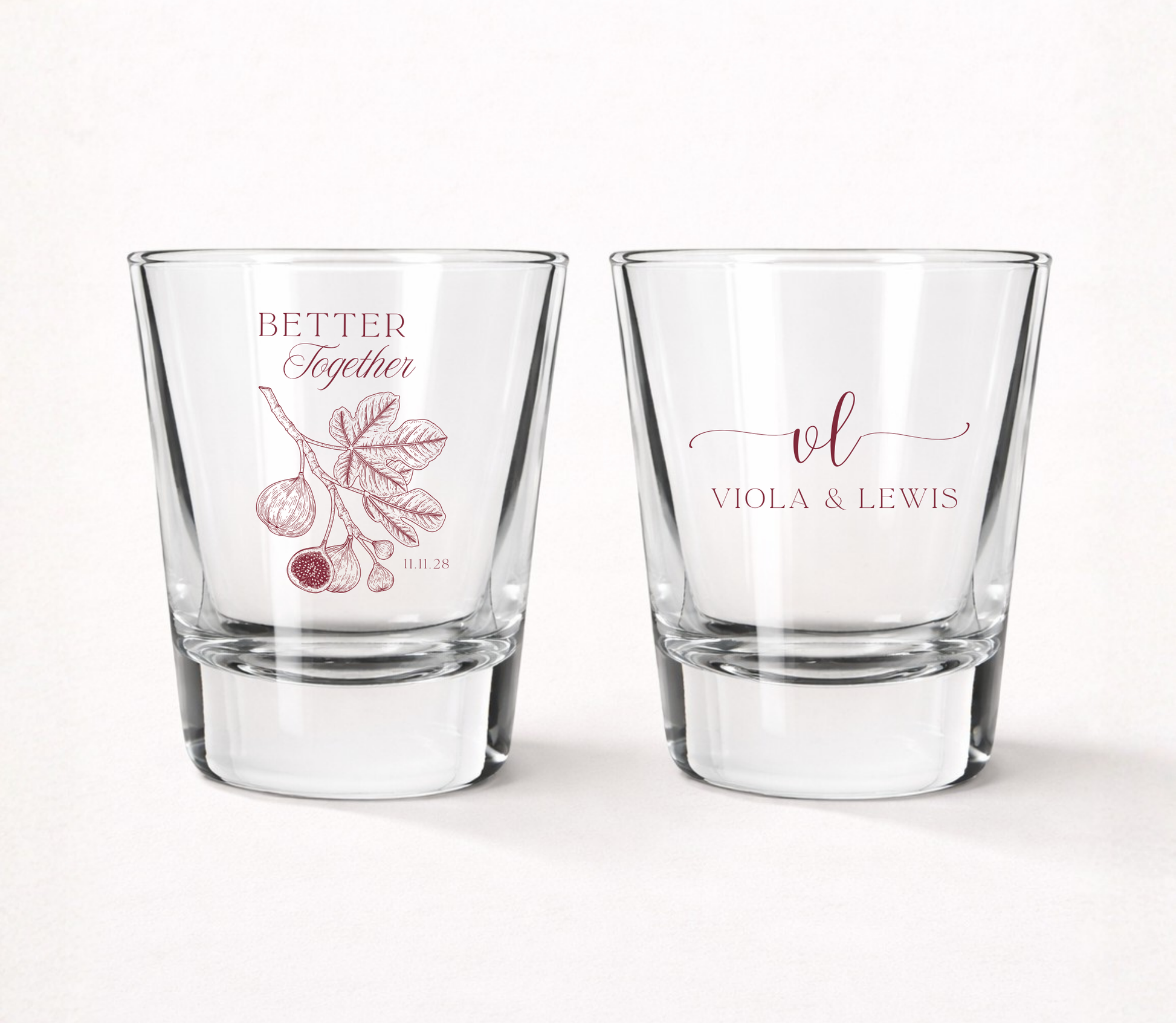 Personalized Botanical Fig wedding shot glasses featuring a custom monogram, couple names, wedding date, Better Together wording, and illustrated fig branch.