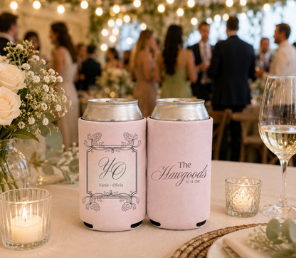 Personalized monogram wedding can koozies.