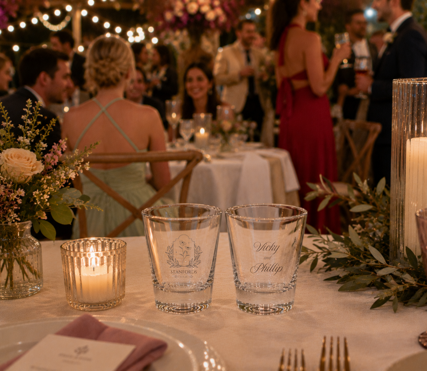 Stanfords Wildflower personalized wedding shot glasses.

Elegant personalized wedding favor shot glasses.

Wildflower wedding shot glasses with family name.