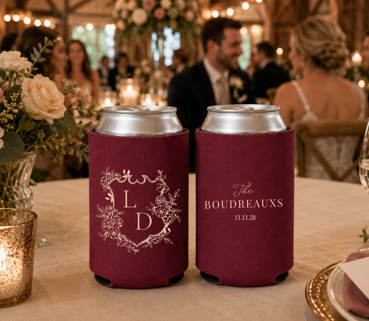 
Elegant foam wedding can cooler featuring a floral crest monogram and custom wedding details.