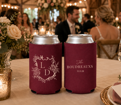 
Elegant foam wedding can cooler featuring a floral crest monogram and custom wedding details.