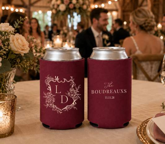 
Elegant foam wedding can cooler featuring a floral crest monogram and custom wedding details.