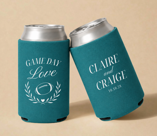Personalized Game Day Love Football Wedding Can Coolers featuring football, laurel wreath, custom couple names, and wedding date.