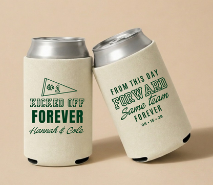 Personalized Kicked Off Forever Football Wedding Can Coolers featuring #1 pennant artwork, custom couple names, and wedding date.