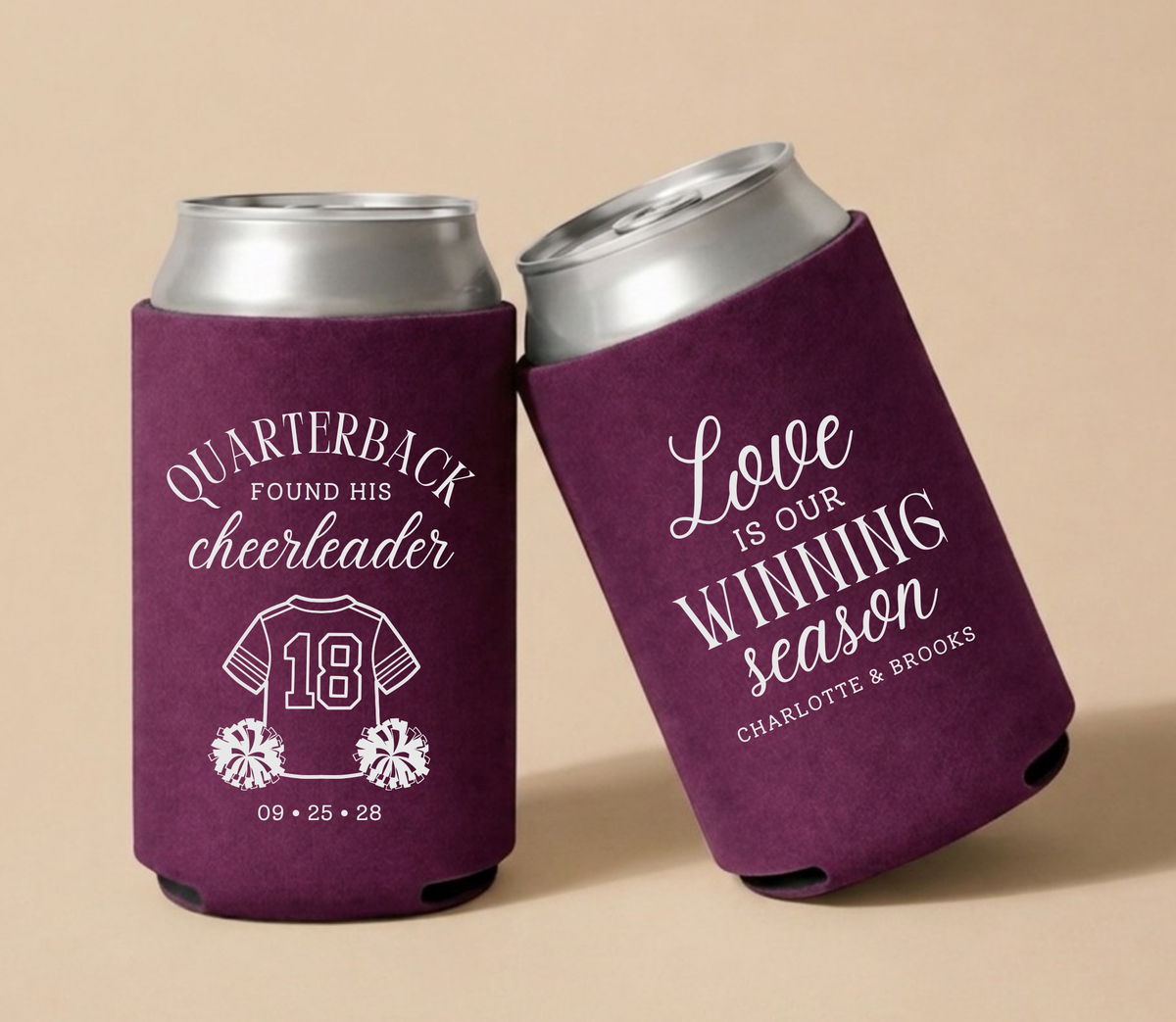 Personalized Quarterback Found His Cheerleader Football Wedding Can Coolers featuring football jersey, cheerleader pom poms, custom couple names, and wedding date.