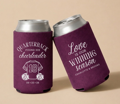 Personalized Quarterback Found His Cheerleader Football Wedding Can Coolers featuring football jersey, cheerleader pom poms, custom couple names, and wedding date.