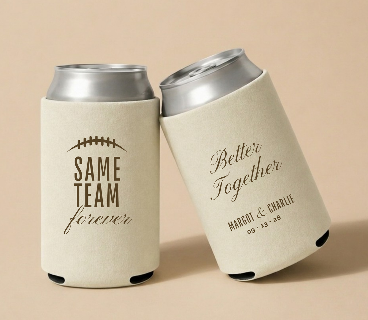 Personalized Same Team Forever Football Wedding Can Coolers featuring football detail, Better Together wording, custom couple names, and wedding date.