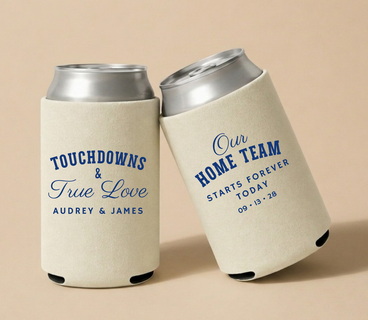 Personalized Touchdowns & True Love Football Wedding Can Coolers featuring custom couple names, blue sports lettering, and wedding date.