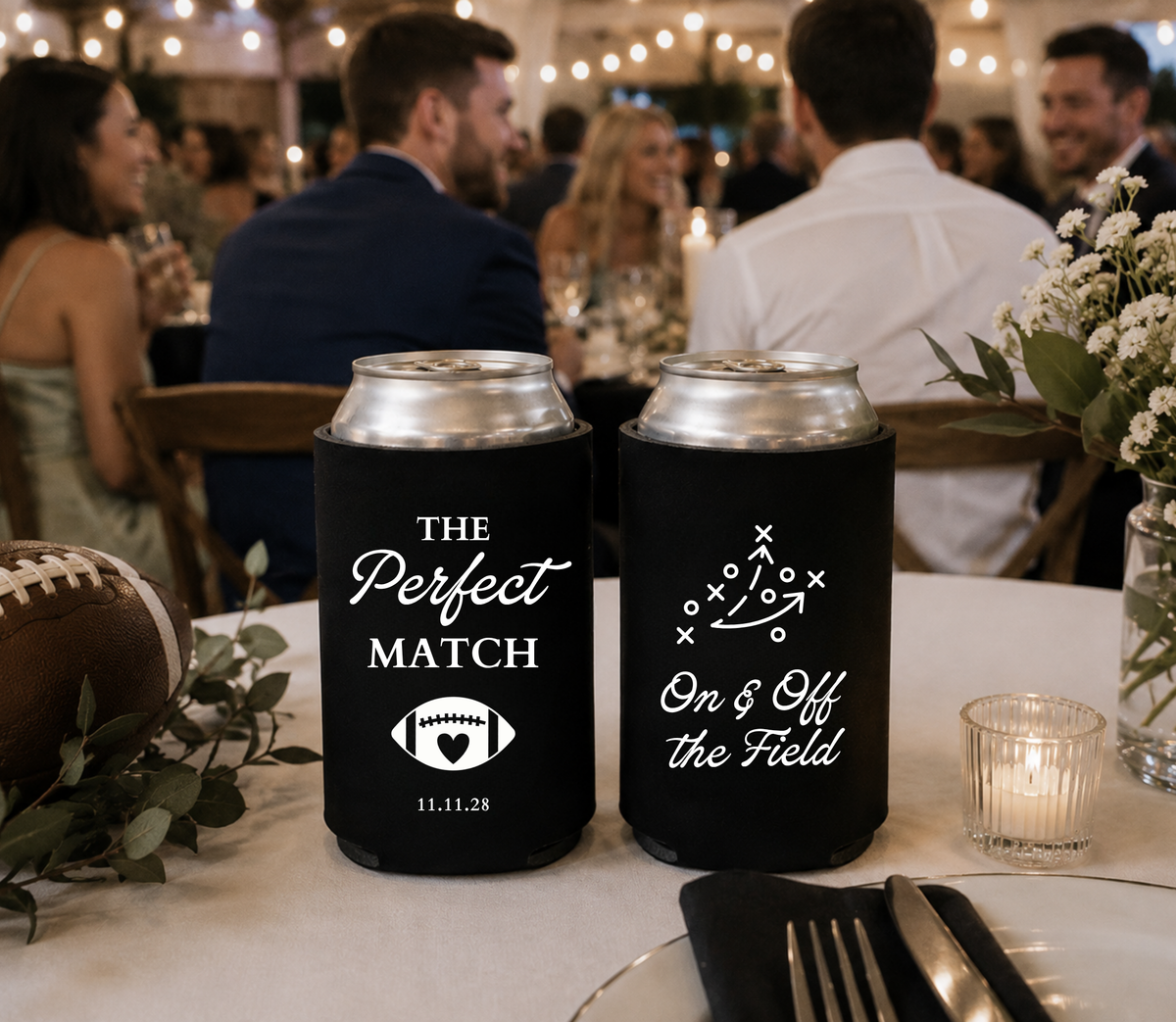 Football wedding can coolers featuring Perfect Match and On & Off the Field designs.