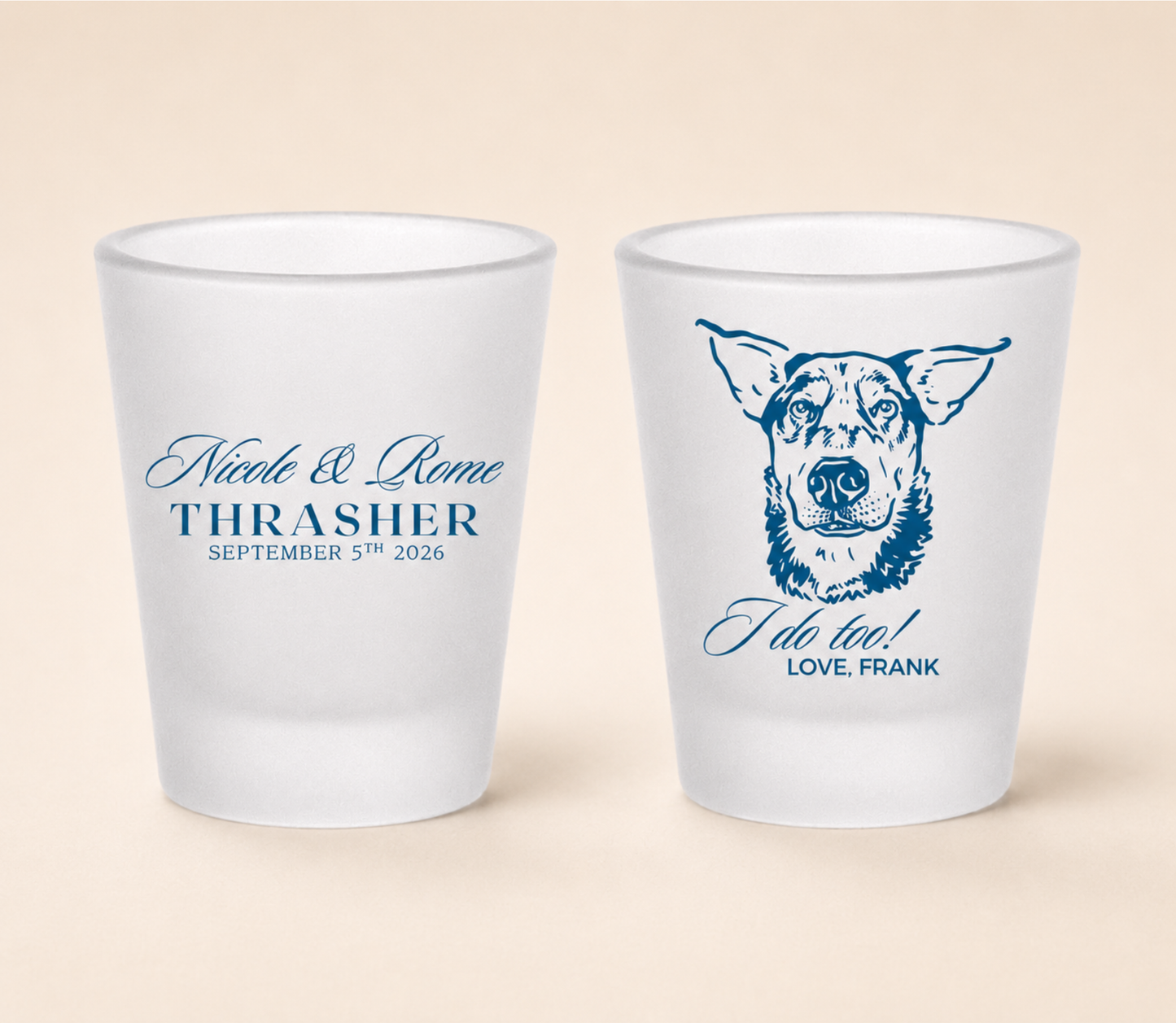Frosted wedding shot glass featuring a pet and the couples name and date
