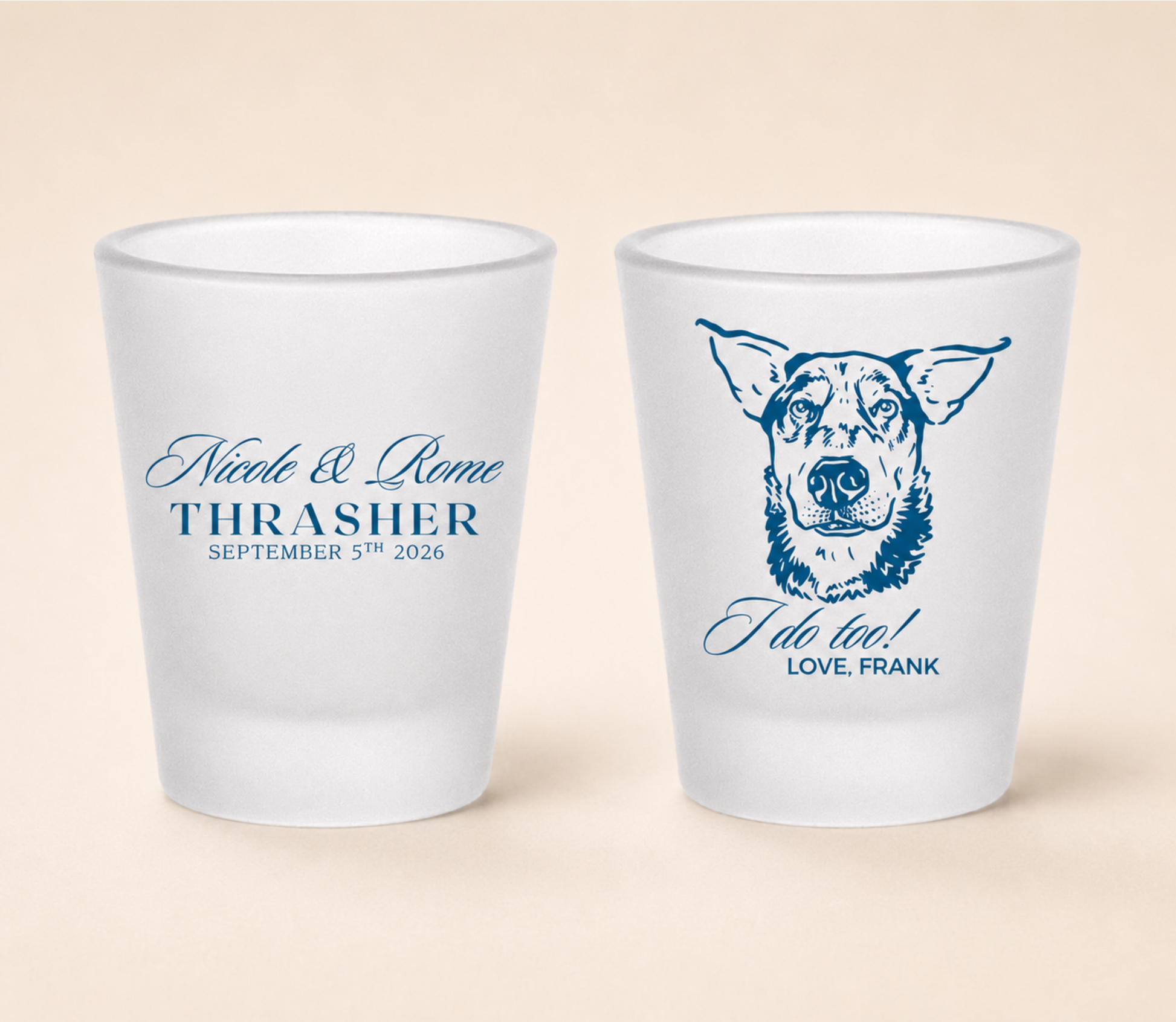 Frosted wedding shot glass featuring a pet and the couples name and date
